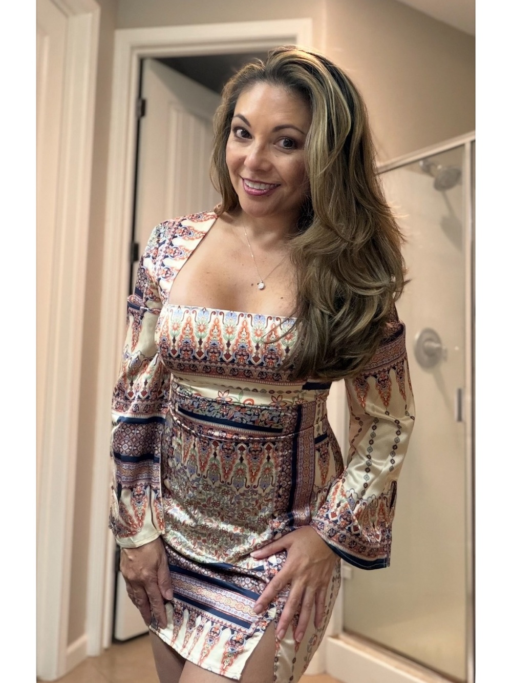 Boho Square-Neck Printed Midi Dress / Nee Frontier Mini Dress Cream-Multi